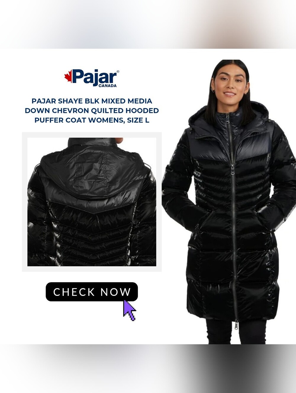 Pajar Shaye Black Chevron Quilted Hooded Down Puffer Coat - Women's